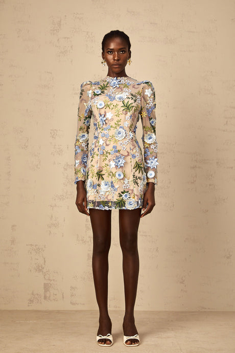 Aurohaya Jolien Blue Floral Appliqué Embroidered Tulle Mini Dress