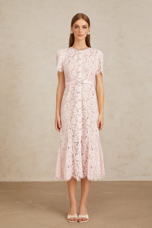 Aurohaya Sabine Pink Floral Lace Mermaid Midi Dress