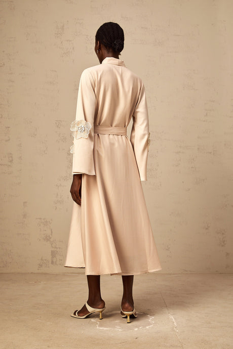 Aurohaya Orane tied floral-applique flared midi dress in Neutrals
