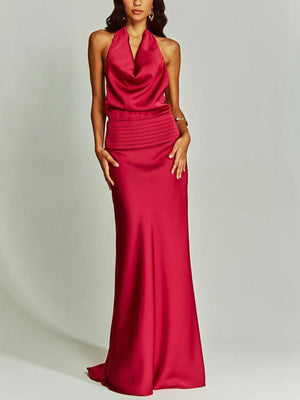 Aurohaya Elegant Chic Halter Neck Satin Party Maxi Dress Red