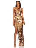 Aurohaya Aurore One Shoulder Gold Sequin Maxi Dress Gold