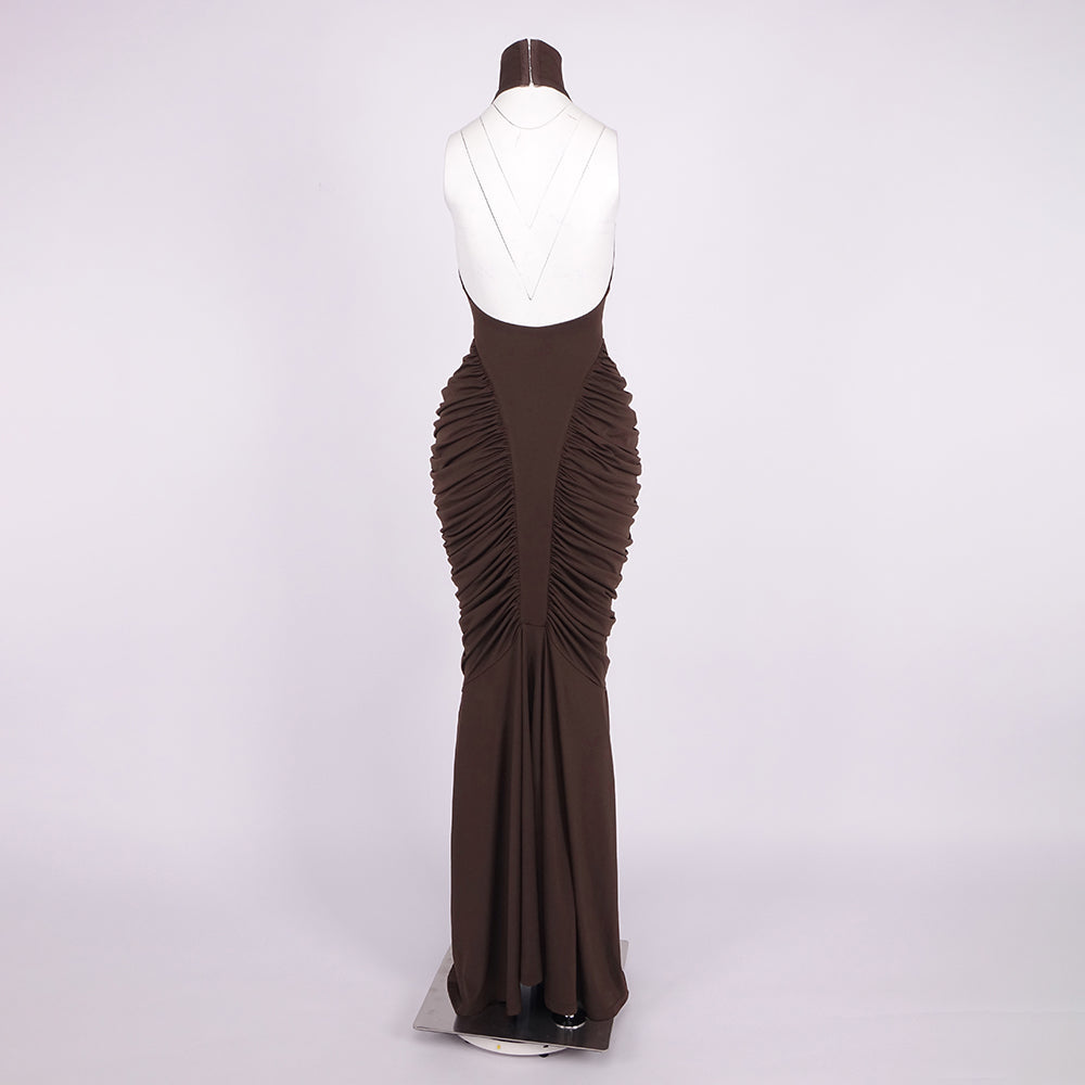 Aurohaya Candice Ruched Sleeveless High Neck Maxi Dress