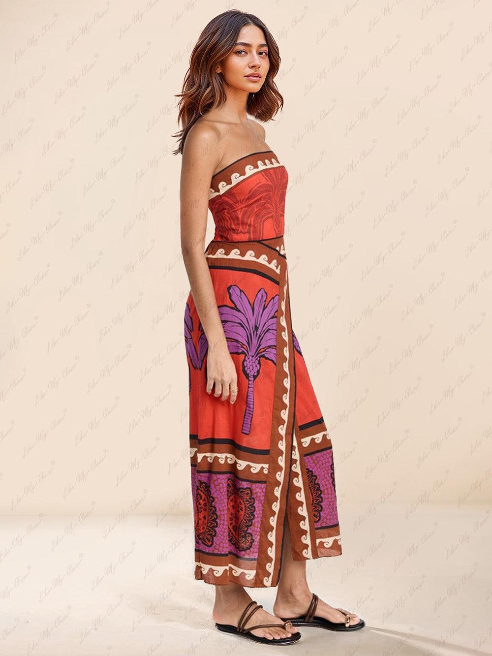Aurohaya Unique Palm Tree Floral Off-Shoulder Midi Dress