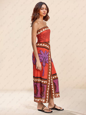 Aurohaya Unique Palm Tree Floral Off-Shoulder Midi Dress
