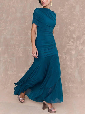 Aurohaya Pleated Design Irregular Hem Maxi Dress