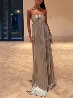 Aurohaya Metallic Pleated Off-The-Shoulder Maxi Dress
