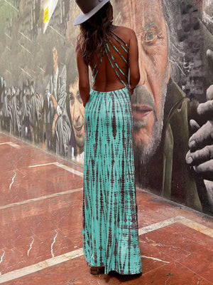 Aurohaya Tie-dye Print Back Lace-up Stretch Maxi Dress