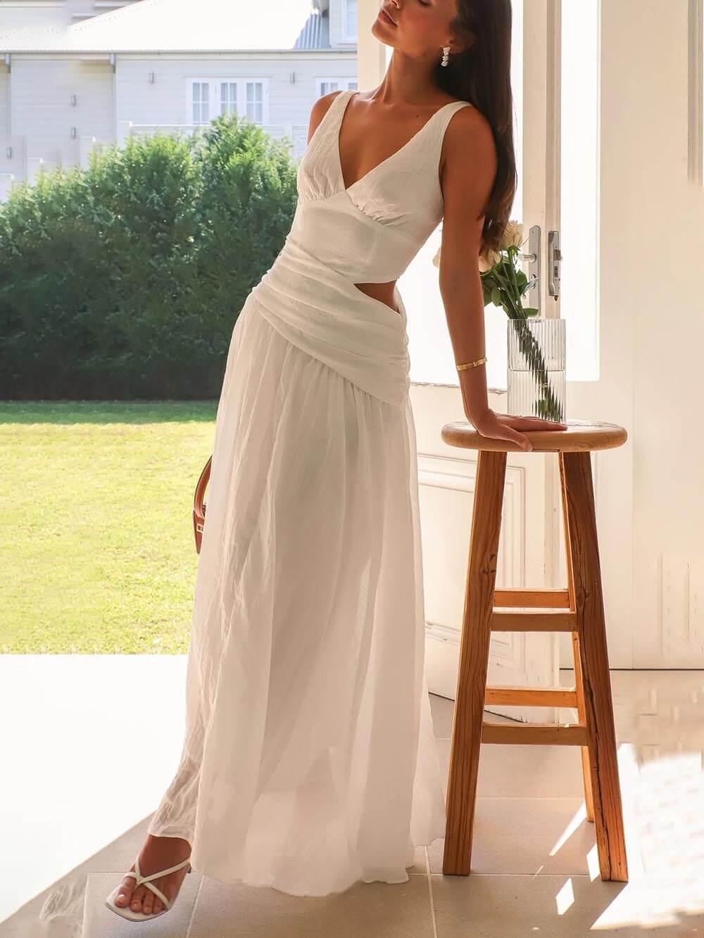 Aurohaya Elegant Backless Pleated V-Neck Splicing Maxi Dress
