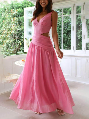 Aurohaya Elegant Backless Pleated V-Neck Splicing Maxi Dress