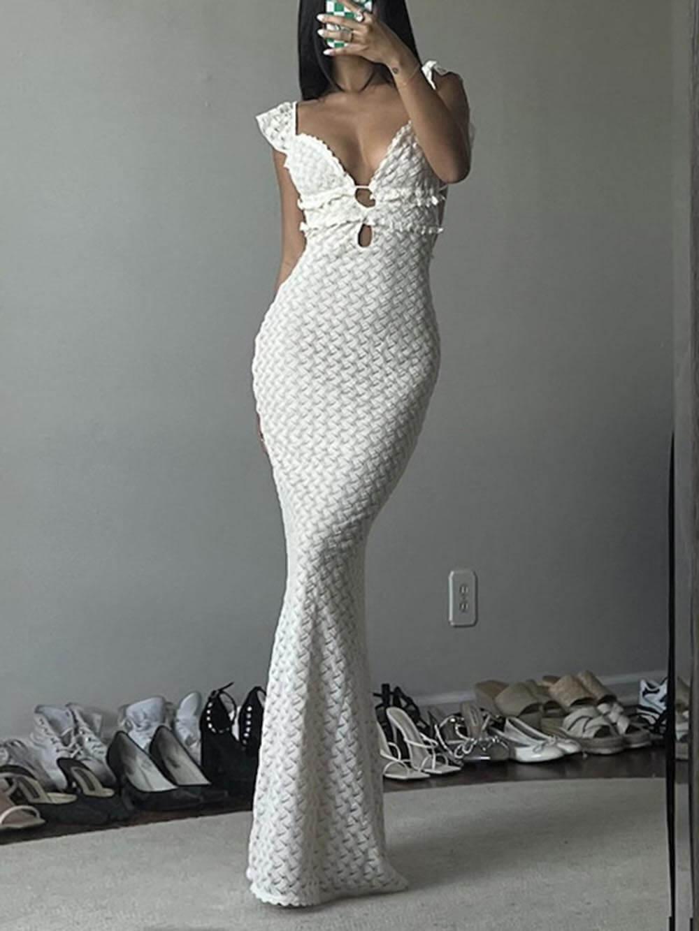 Aurohaya Elegant V-Neck Backless Lace-Up Hollowed-Out Slim Maxi Dress