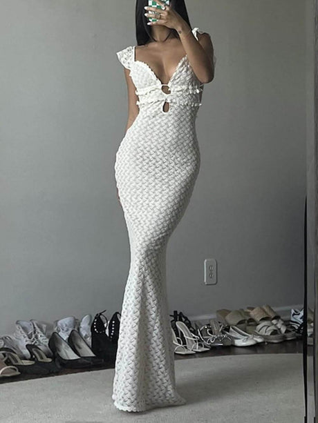 Aurohaya Elegant V-Neck Backless Lace-Up Hollowed-Out Slim Maxi Dress