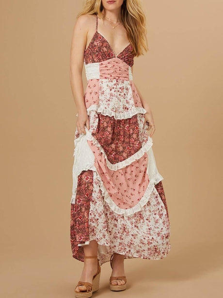Aurohaya Elegant Patchwork Floral Print Maxi Dress Pink