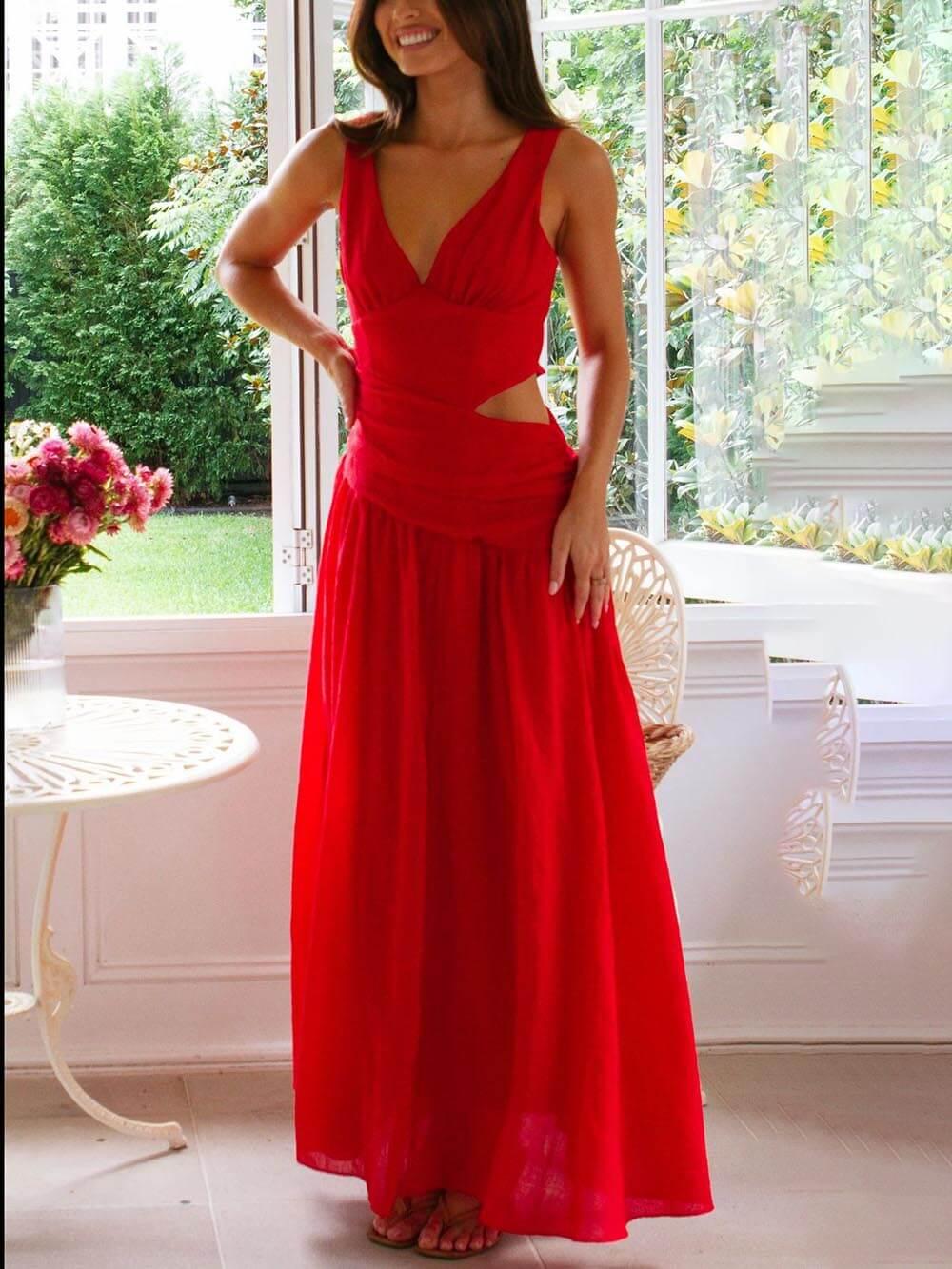 Aurohaya Elegant Backless Pleated V-Neck Splicing Maxi Dress