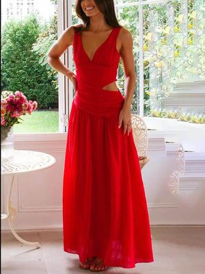 Aurohaya Elegant Backless Pleated V-Neck Splicing Maxi Dress