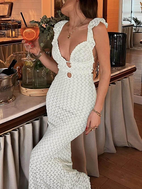 Aurohaya Elegant V-Neck Backless Lace-Up Hollowed-Out Slim Maxi Dress White