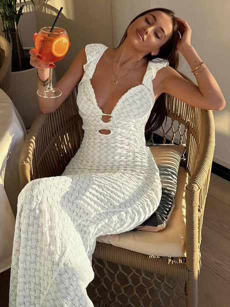 Aurohaya Elegant V-Neck Backless Lace-Up Hollowed-Out Slim Maxi Dress