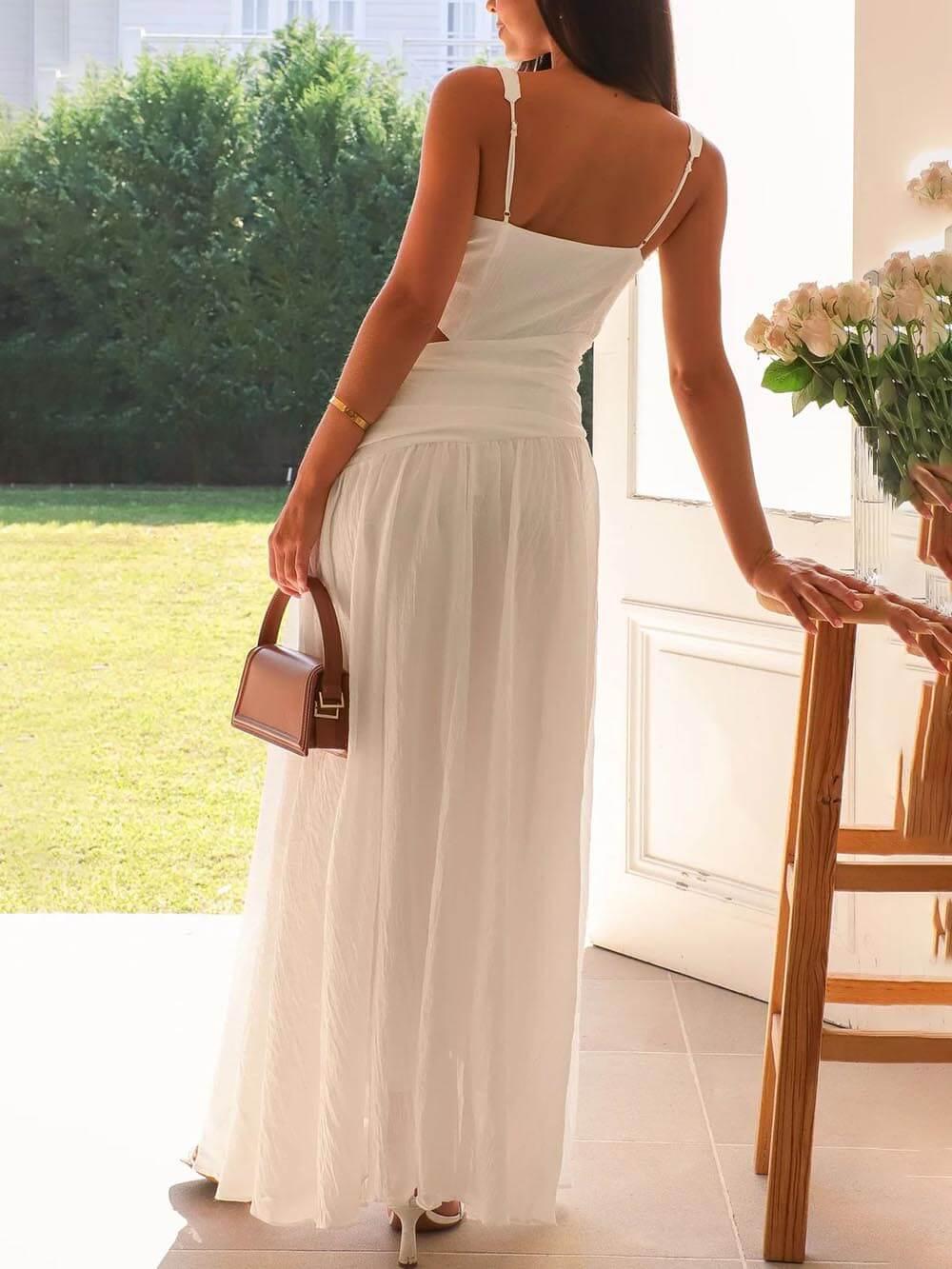 Aurohaya Elegant Backless Pleated V-Neck Splicing Maxi Dress