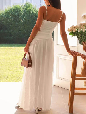 Aurohaya Elegant Backless Pleated V-Neck Splicing Maxi Dress