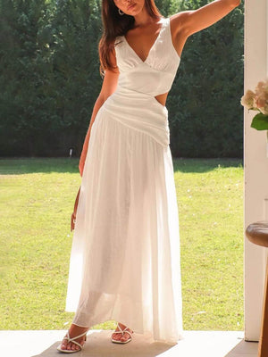 Aurohaya Elegant Backless Pleated V-Neck Splicing Maxi Dress