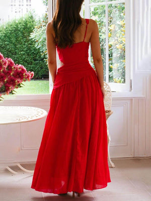 Aurohaya Elegant Backless Pleated V-Neck Splicing Maxi Dress