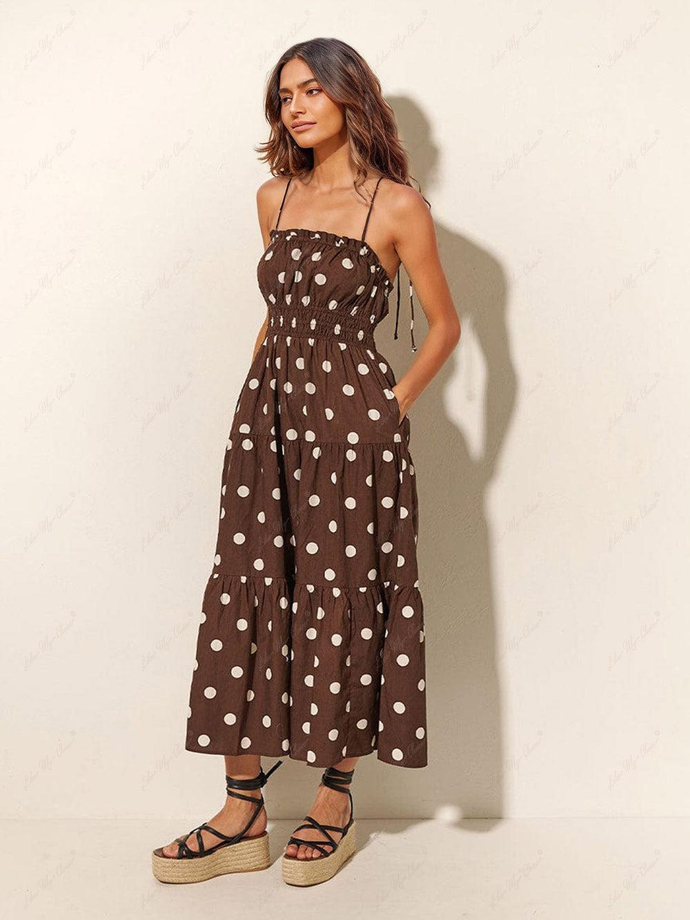 Aurohaya Chocolate And Ivory Polka Dot Print Pleated Elastic Strap Dress