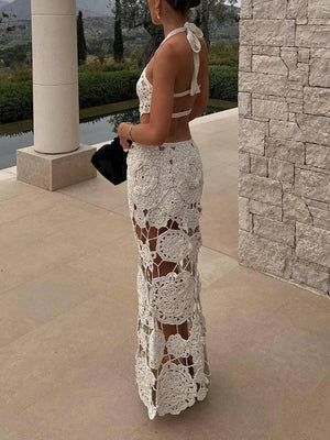 Aurohaya Halter Neck Backless Crochet Maxi Dress