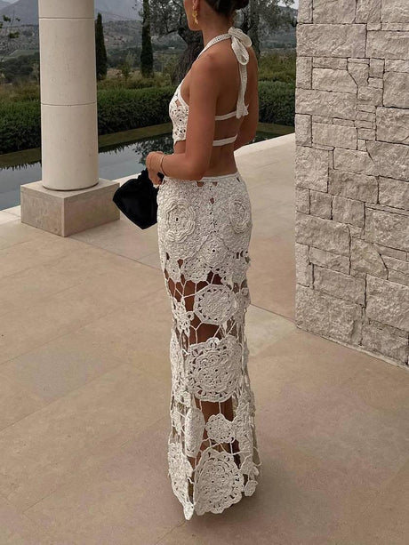 Aurohaya Halter Neck Backless Crochet Maxi Dress