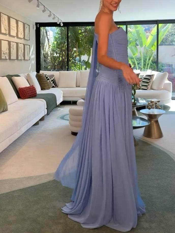 Aurohaya Unique Single-sleeve Shawl Pleated Maxi Dress