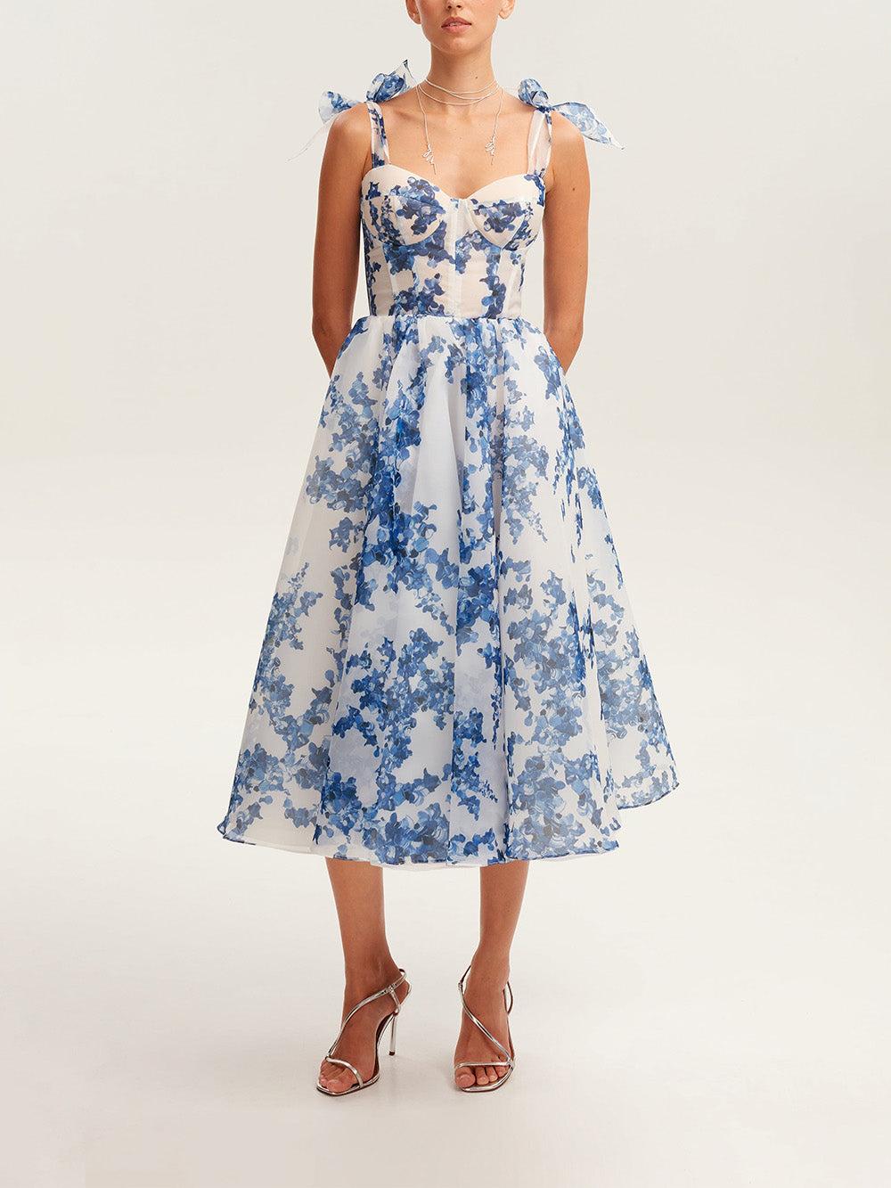 Aurohaya Tender Floral Midi Tie-strap Dress Blue