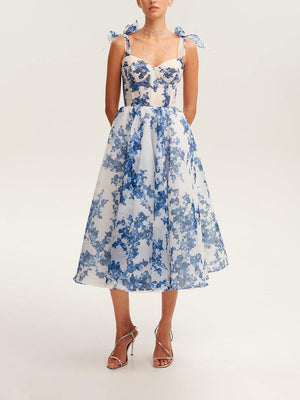 Aurohaya Tender Floral Midi Tie-strap Dress Blue