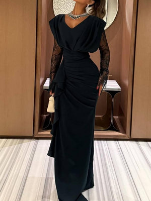 Aurohaya Lace-sleeve Spliced Pleated Maxi Dress