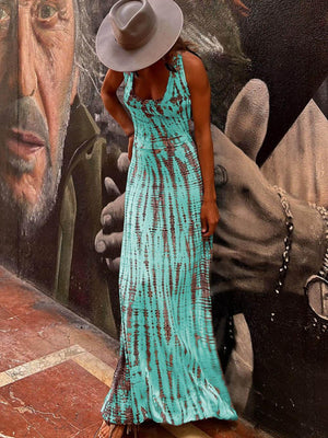 Aurohaya Tie-dye Print Back Lace-up Stretch Maxi Dress Cyan