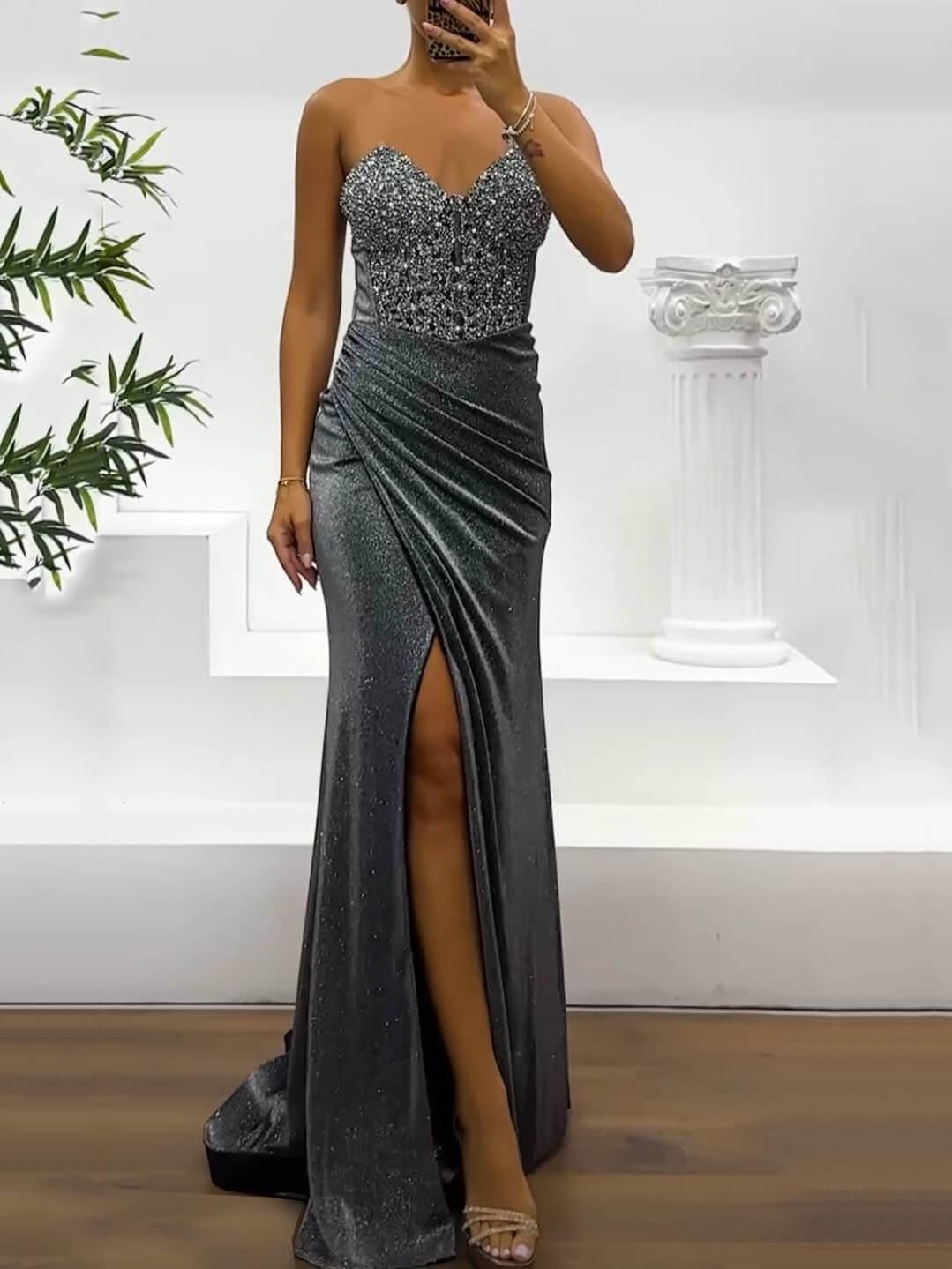 Aurohaya Sequined Side Slit Off-The-Shoulder Dress Grey