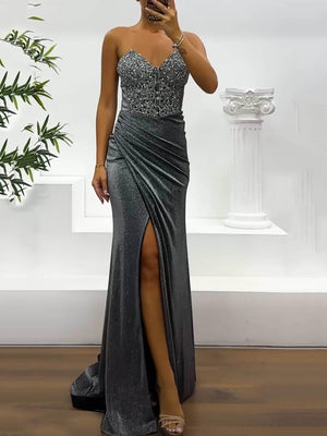 Aurohaya Sequined Side Slit Off-The-Shoulder Dress Grey