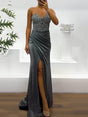 Aurohaya Sequined Side Slit Off-The-Shoulder Dress Grey