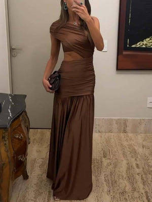 Aurohaya Unique Off-shoulder Waist Hollow Maxi Dress