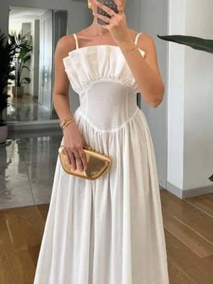 Aurohaya Vintage Tube Top Suspender Dress White