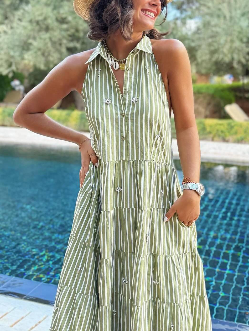 Aurohaya Shirt Collar Backless Striped Dress