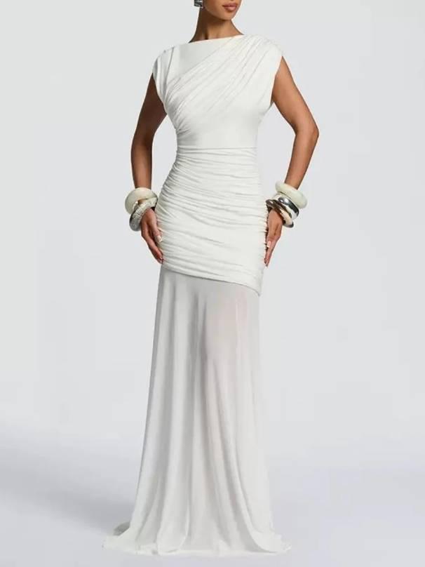 Aurohaya Pleated Design Spliced See-through Skirt Maxi Dress White