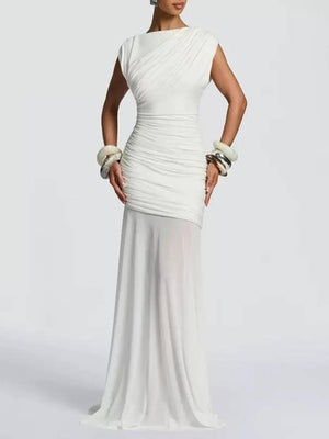 Aurohaya Pleated Design Spliced See-through Skirt Maxi Dress White