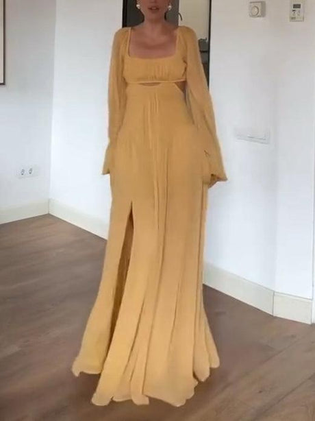 Aurohaya Vintage Square Collar Hollow Design Long Sleeve Maxi Dress