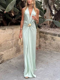 Deep V Halter-Neck Backless Metal Buckle Decoration Maxi Dress