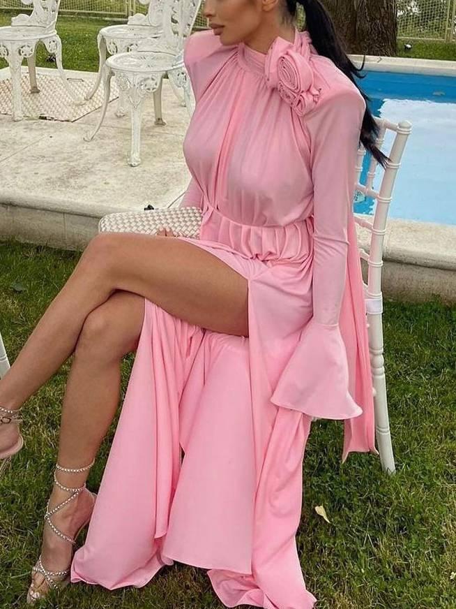 Aurohaya Three-Dimensional Flower Deep V Pleated Maxi Dress