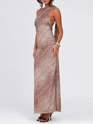 Aurohaya Sloping Shoulder Halterneck Long Ribbon Leopard Backless Dress