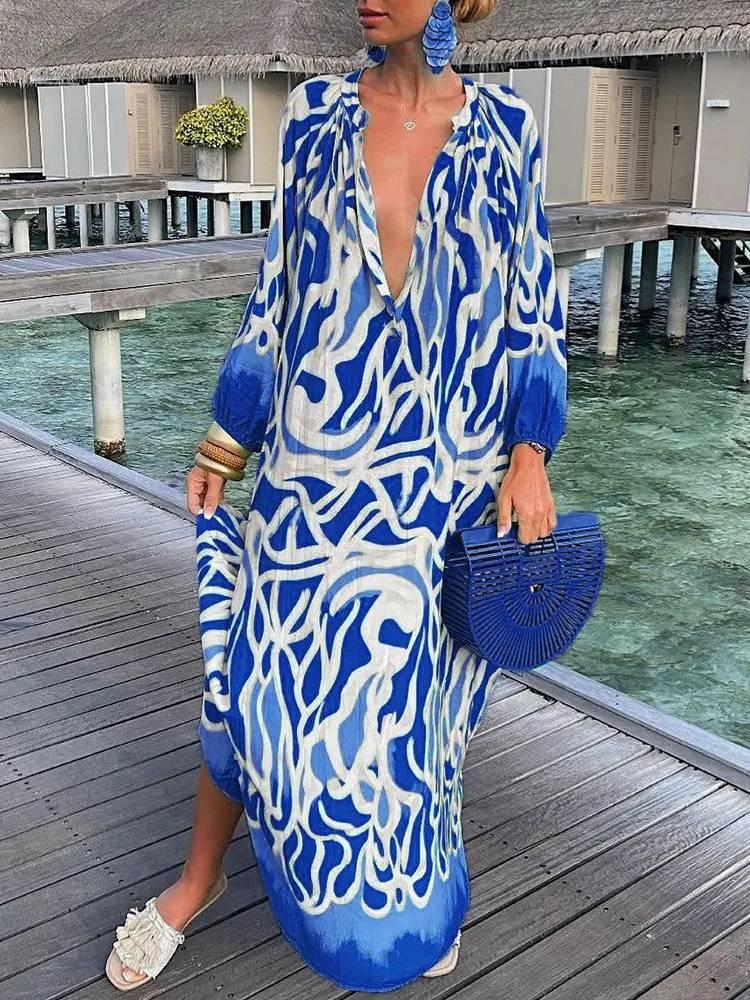 Aurohaya Printed V-neck Long-sleeved Loose Dress Blue