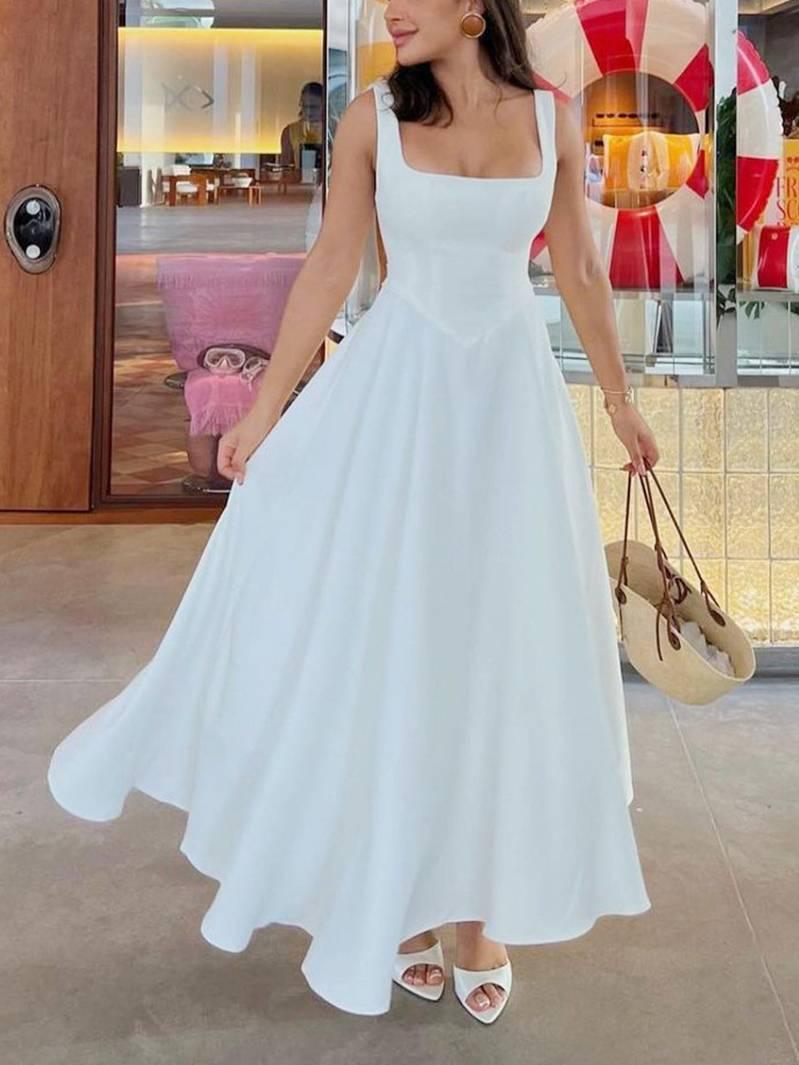 Aurohaya Elegant Sling Square Collar Large Swing MidI Dress