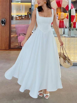 Aurohaya Elegant Sling Square Collar Large Swing MidI Dress