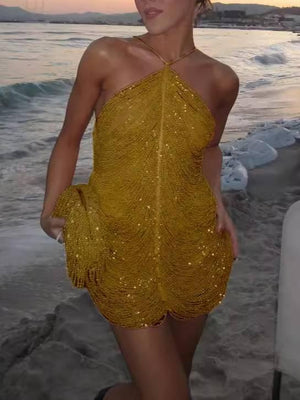 Aurohaya Tassel Halterneck Mini Dress Gold