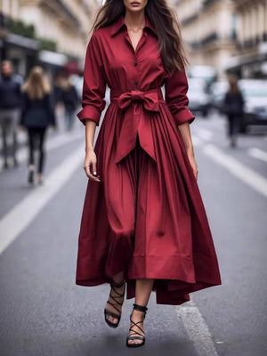 Aurohaya Minimalist Lace-up Design Long Sleeve Maxi Dress Red