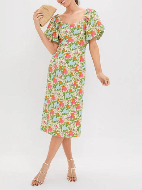 Aurohaya Bubble-Sleeve Floral Dress